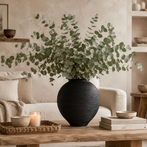 Large Blak Ceramic Vase - 11.8 Inch Large Black Round Vase, Rustic Farmhouse Vase for Home Decor, Dining Table, Shelf, Bedroom, Living Room, Kitchen, Office, Bathroom, Mantle, Centerpiece Décor by QIANLING