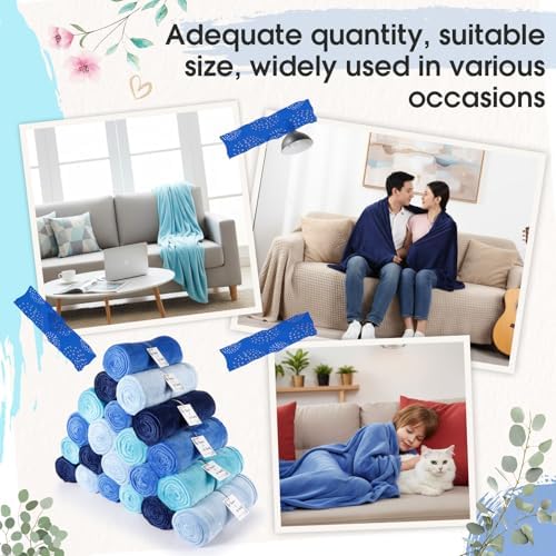 24 Pack Flannel Throw Blankets Bulk 50 x 60 Inch Wedding Fleece Blankets with Thank You Card Soft Blanket for Winter Valentines Guests Sleepover Spa Gifts, 4 Colors (Shades of Blue) - Image 3