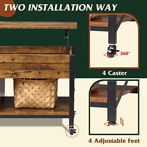 WLIVE Coffee Table Rustic Brown, 41.3" Lift Top Coffee Table with 4 Wheels - Image 4