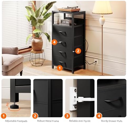 Lazzanto Night Stand with Charger Station, 4 Fabric Drawers, Black - Image 6
