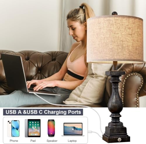 BOBOMOMO Retro 27" USB Charging Ports A/C Farmhouse Single Lamps for Bedrooms Retro Side Table Lamps Bedside Lamp for Side Nightstand Living Room 1 Pack (Blubs not Included) - Image 3