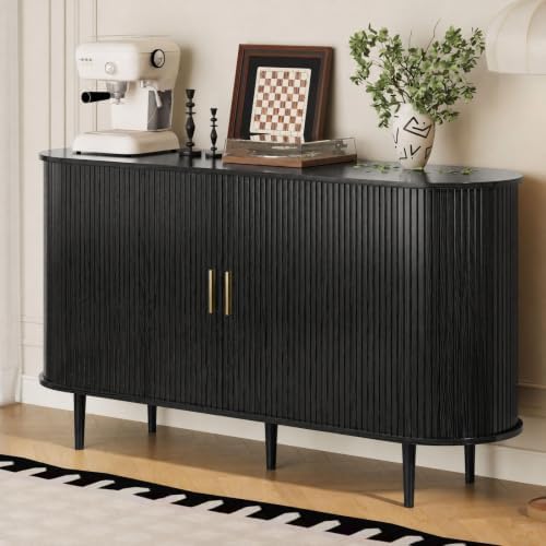 DHH Sideboard Buffet Cabinet with Storage,Mid Century Modern Fluted Accent Coffee Bar Console Table,Tambour Sliding Doors& Adjustable Shelf for Kitchen, Living Room, Entryway(Black, 55 Inch) by DHHFurnitureBuyNow