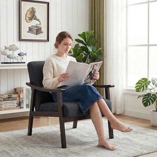 Accent Chair, Mid Century Modern Armchair, Solid Wood Arm Chair, Upholstered Comfy Reading Chair for Living Room, Bedroom, Waiting Room, Dark Gery - Image 3