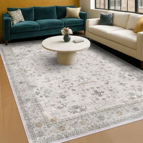 Vintage Boho Living Room Rug 7x9 - Soft Light Gray & Sage Area Rugs for Dining Under Table, Washable Low Pile Non-Slip Large Bedroom Carpet, Modern Eclectic Geometric Neutral Floral Decor by HazoHaus