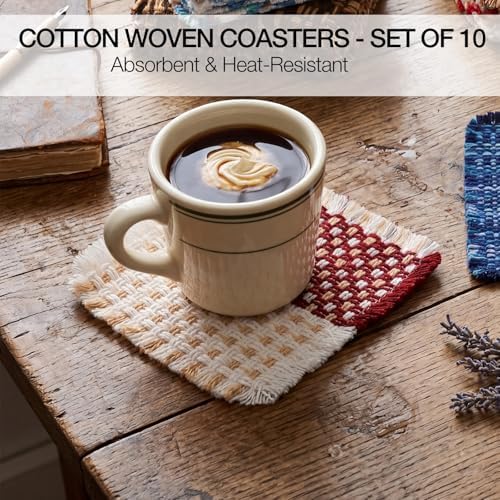 Set of 10 Fabric Drink Coasters, Handcrafted Cotton Woven Coasters for Table, Coastal Farmhouse Table Decor for Coffee Tea Cocktails, Absorbent Soft Desk Coasters for Kitchen Office, Housewarming Gift - Image 3