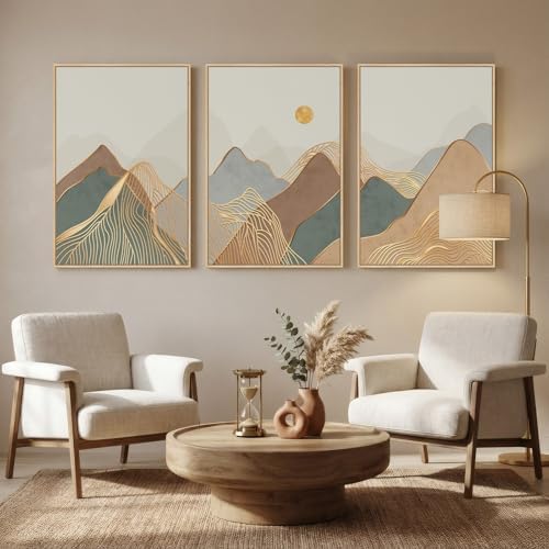 Large Framed Boho Modern Mountain Wall Art for Living Room, 3 Piece, 24x36 - Image 3