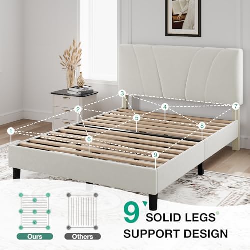 Novilla Queen Bed Frame, Queen Size Bed Frame with Wooden Slats Support, Velvet Upholstered Headboard, No Box Spring Needed, Heavy Duty Feet, Easy Assembly, White Velvet - Image 5