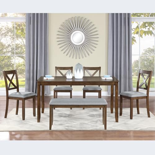Harper & Bright Designs 6-Piece Dining Table Set with 4 Upholstered Chairs & Bench, 58.5" Rectangular Solid Wood Frame Table, Dining Table Set for 6 People, Living Room, Home Bar and Kitchen,Walnut - Image 3