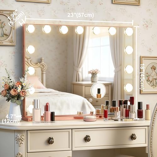 Ratsamee Rose Gold Hollywood Vanity Mirror with Lights, 15 Dimmable Bulbs, 3 Color Lights,Make Up Lighted Mirror, Aluminum Metal Frame, USB Charging Port（23" x 18"） - Image 3
