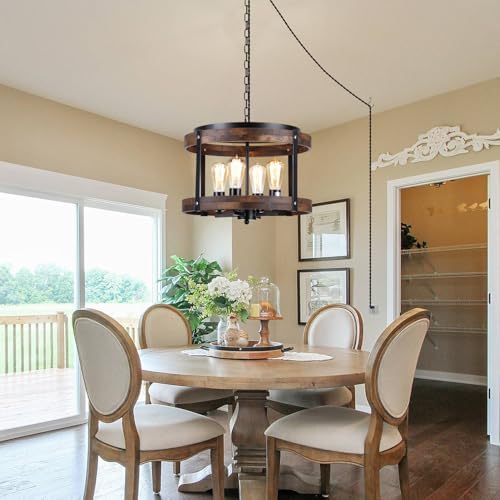 4-Light Large Rustic Farmhouse Plug in Pendant Light Fixture with Adjustable Chain, Dimmable Switch, 16.5 inch Oak Wood Drum Hanging Lamp for Dining Room Living Room Farmhouse Entry, Black - Image 3