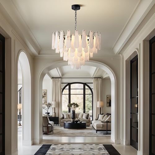 Alabaster Chandelier, D31.5 in Modern Round Chandelier, 6-Tiers Luxury Large White Marble Black Chandeliers for Dining Room Bedroom Foyer Living Room Entryway - Image 3