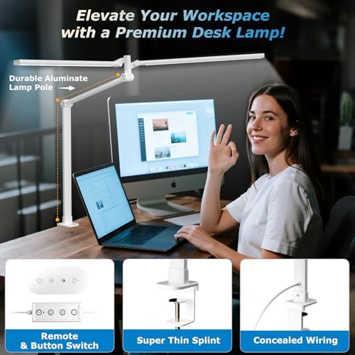 Airlonv LED Desk Lamp, Double Swing Arm Wide Lighting Area Desk Lamps for Home Office with Stepless Dimming, Eye-Caring Architect Desk Light with Clamp for Reading, Study, Workbench, Drafting(White) - Image 4