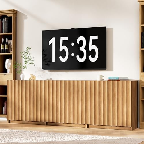 Modern Buffet Cabinet with Storage, 94.5" Wide Fluted Arched Sideboard Cabinet with Adjustable Shelves, Wooden Modular Coffee Bar for Dining Room, Kitchen, Living Room, Entryway, Natural - Image 7