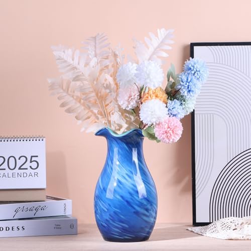 10.6in Hand Blown Blue Glass Vase – Wide Mouth Murano Bubble Art Glass Vase, Cobalt Blue Flower Vase for Coastal, Vintage, Colorful Home Decor, Vase Gift for Mom or Display (Blue) - Image 7