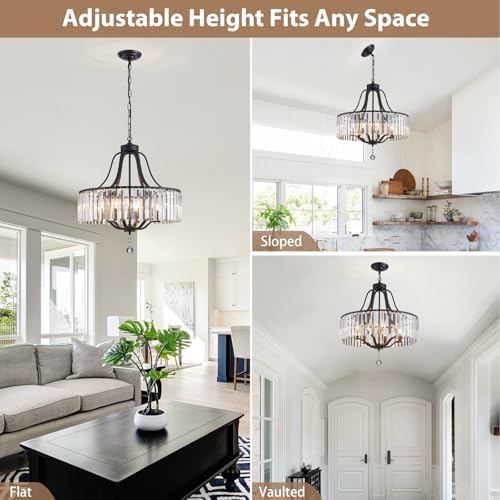 Modern Crystal Chandeliers Round 6-Light Large Black Pendant Lighting Fixture for Dining Room Living Room Kitchen Island Bedroom Hallway Hall Foyer 21.7" Adjustable Height Hanging Lamp - Image 6