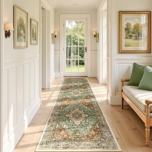 RELEANY Washable Area Rug, Runner 2'x8', Brick/Brown/Green by RELEANY