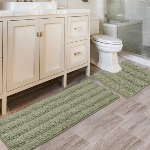 H.VERSAILTEX Bathroom Rug Sets 2 Piece Bath Mats Non Slip Thick Soft Chenille Striped Bath Rug achine Washable Shower Floor Rugs for Tub, Shower and Floor (Eucalyptus Green, 47"x17" Plus 20"x20" U) by HVERSAILTEX