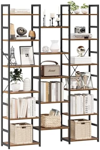 NUMENN Triple Column 6 Tier Bookshelf with 17 Adjustable Shelves, Vintage by NUMENN