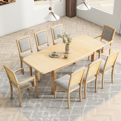 9-piece Rustic Extendable Dining Table Set with 24'' Removable Leaf, 6 Upholstered Rivet Decoration Armless Dining Chairs and 2 Arm Chairs, Wood Kitchen Dining Set for 8, Curved Top (Natural-9S) - Image 2