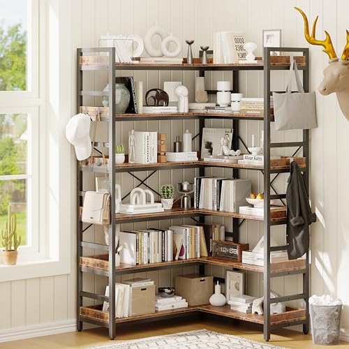 HCHQHS Adjustable Book Shelf with 8 Hooks, Reversible Corner Bookshelf, Industrial Wooden and Metal Bookcase for Living Room, Bedroom, Home Office (Rustic Brown, 6 Tier) - Image 2