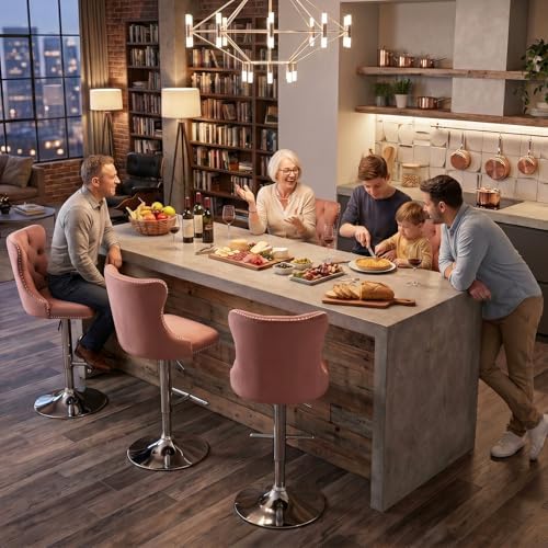 SoarFlash Velvet Bar Stool Set of 6, Adjustable Swivel Bar Stools with Silver Plated Metal Leg, Button Tufted, Footrest, Chrome Nailhead, Counter Height Chair for Kitchen,Dining Room (Pink) - Image 3