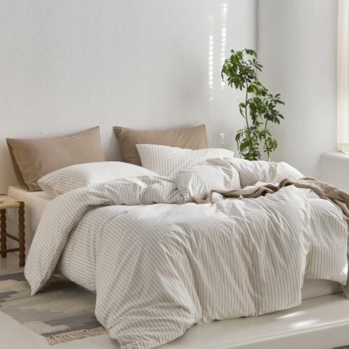 MooMee Striped Duvet Cover Set 100% Washed Cotton Linen Like Full - Image 3