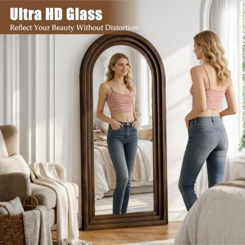 24"x65" Full Length Mirror Solid Wood Frame, Arched Floor Mirror Full Length with Stand, Room Decor Big Full Body Mirror with HD Tempered Glass for Bedroom, Living Room, Walnut Wood - Image 4
