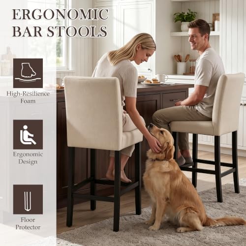 GOTMINSI Classic 24 Inches Counter Height Stools Upholstered Bar Stools with Solid Wood Legs Set of 4(Fabric Beige) - Image 4