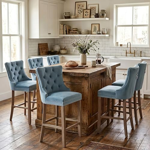 SoarFlash Modern Velvet Upholstered Bar Stools Set of 6 with Wood Legs, Button Tufted,Chrome Nailhead, Counterstool Seat, Armless Bar Chairs (Sky-Blue) by SoarFlash