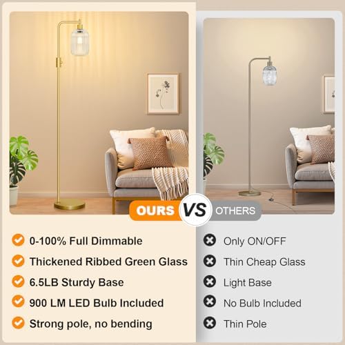 【Upgraded】 Dimmable Floor Lamp for Living Room with Clear Ribbed Glass Lampshade, Gold Modern Floor Lamp with 900LM LED Bulb Included, Arc Standing Tall Lamp for Bedroom, Office, Reading Room, Corner - Image 2