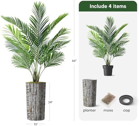 Artificial Tree in Black and Brown Striped Planter, Fake Areca Tropical Palm Silk Tree for Indoor and Outdoor Home Decoration - 66" Overall Tall (Plant Pot Plus Tree) - Image 3