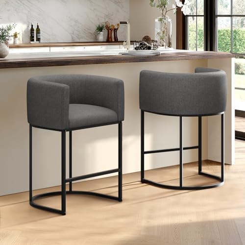 Counter Height Bar Stools, 24 Inch Seat Height Barstools for Dining Room, Fabric Upholstered Bar Chair for Kitchen Island, Linen Counter Stools with Metal Legs, Carbon Black - Image 2