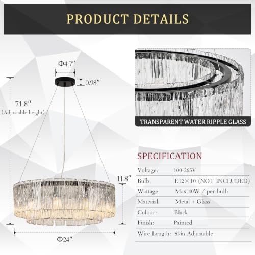 CATINER Modern 24" Crystal Glass Chandelier 10-Light Black Chandeliers - Image 3
