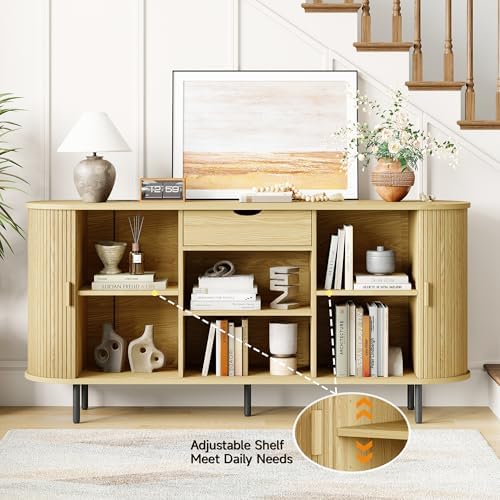 ONBRILL 63" Sideboard Buffet Cabinet with Storage Drawer & Shelves,Oak - Image 4