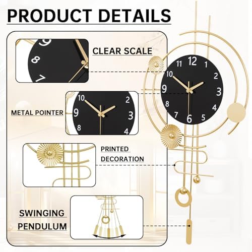 Wall Clock,Silent Quartz Movement Battery Operated with Pendulum,Oversized Metal Modern Large Wall Clocks for Living Room Bedroom Farmhouse Office Kitchen Home Wall Decor-15.3x31.1Inch(Golden Black) - Image 2