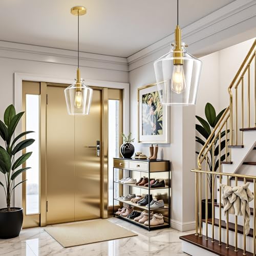 Glass Pendant Lighting for Kitchen Island Entryway 2 Pack Gold Clear 8 Inch - Image 3