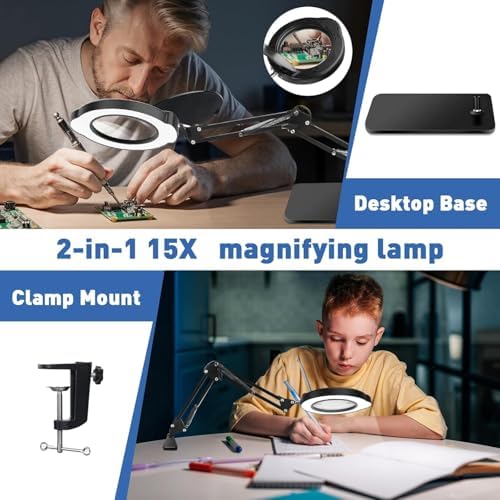 15X Magnifying Glass with Light & Stand,Real Glass,RTM Safety Protection,5 Colors Stepless Dimmable Eye-Caring LED,2-in-1 Hands-Free Desk & Clip-On Magnifier for Reading Crafts Painting & Repair - Image 2