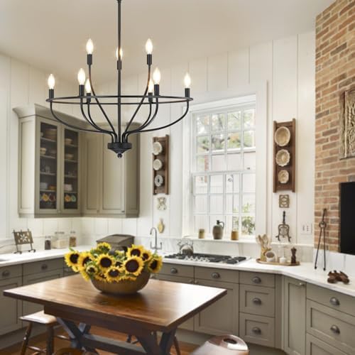 Black Chandelier for Dining Room, Classic 9-Light Farmhouse Pendant Light Fixture Over Table, Black Big Candle Chandelier for Kitchen Island, Bedroom, Living Room, Foyer (E12 Base) - Image 2