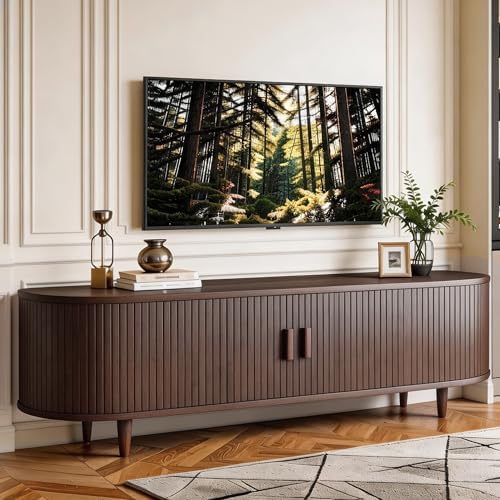 MXV 65" TV Stand with Sliding Doors for Living Room, Mid Century Modern Entertainment Center, TV Console with Fluted Door Cabinets and Power Outlet, Walnut by Unknown