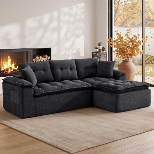 Korser 110" Cloud Sectional Boneless Couches for Living Room, Modern Modular Sectional Sofa with Ottoman, Cloud Couch with Comfy Deep Seats, Tufted Chenille L-Shape Sofa Couch for Living Room, Black by KORSER