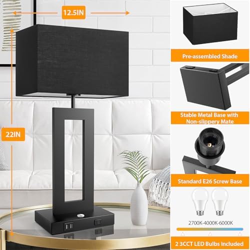 3 Color Temperatures Black Table Lamps for Bedrooms Set of 2, 22’’ Touch Control Bedside Nightstand Lamps with 2 USB Ports & AC Outlet, Modern Lamp Sets for Living Room, Stepless Dimming, Black Shade - Image 6
