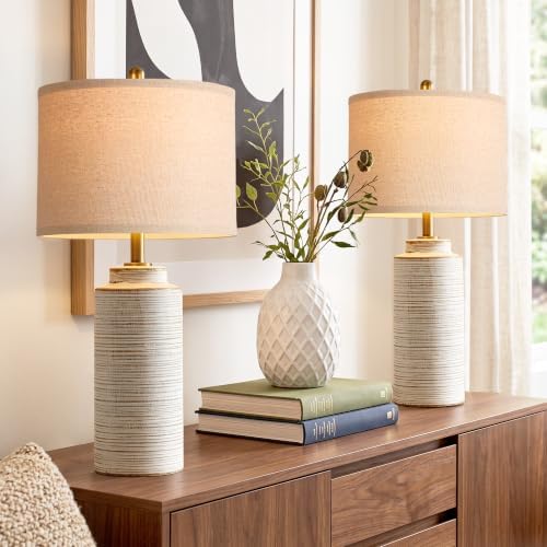 PARTPHONER 27" Vintage Ceramic Table Lamp Set of 2, Farmhouse Bedside Lamps with Ribbed Textured Finish, Rustic Nightstand Lamps for Living Room Bedroom End Tables Home Decor - Image 7