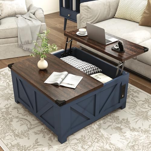 jimeimen Farmhouse Lift Top Coffee Table with Storage, Wood Square Center Table with Charging Station&USB Port, Living Room Table w/Large Hidden Space, for Living Room, Bedroom, Home Office, Blue by jimeimenFurniture
