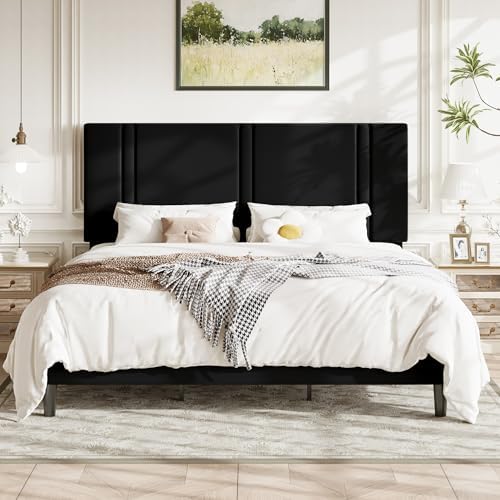 Allewie King Size Platform Bed Frame with Velvet Upholstered Headboard by Allewie