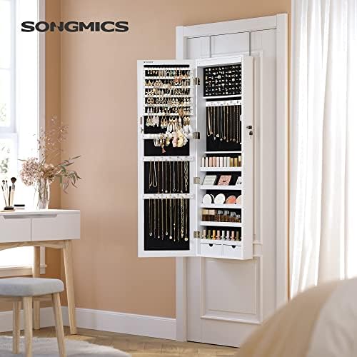SONGMICS 6 LEDs Mirror Jewelry Cabinet, 47.2-Inch Tall Lockable Wall or Door Mounted Jewelry Armoire Organizer with Mirror, 2 Drawers, 3.9 x 14.6 x 47.2 Inches, White UJJC93W - Image 2