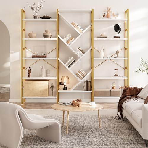 INNOD 70x70” Triple 5 Tier Book Shelf, Large Wooden Bookcase with 17 Open Display Shelf, Modern Tree Bookshelf Metal Frame Tall Book Case Furniture for Living Room Bedroom Home Office White & Gold - Image 3