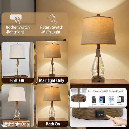 OYEARS 23" USB A+C Table Lamp for Bedroom Living Room Modern Bedside Lamps Retro Farmhouse Rattan Glass Nightstand Nightlight Lamps,Two Light Points - Image 2