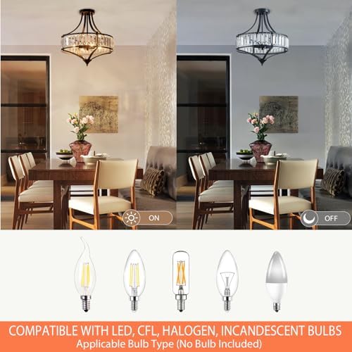 Black Crystal Chandelier Semi Flush Mount Ceiling Light Fixture Round Rustic Farmhouse 4-Light Mid Century Modern Chandelier for Hallway, Bedroom, Foyer, Entryway, Closet - Image 4