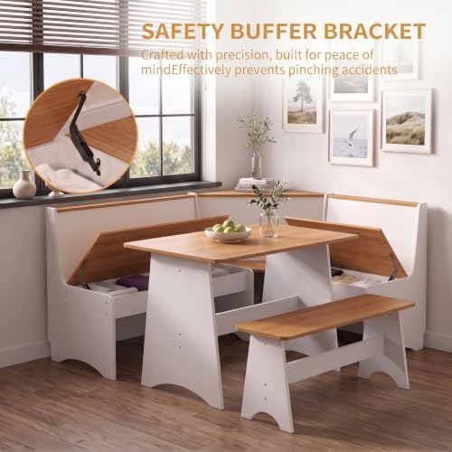 Item Name: Farmhouse Breakfast Nook Table Set with L-Shaped Bench & Storage, Reversible Seating for 3-4, Easy-Clean Waterproof Laminate, Space-Saving Corner Design (White + Natural) - Image 5