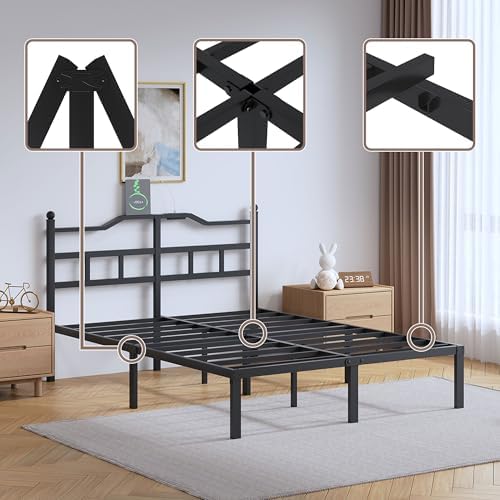 SHOANED Metal Bed Frame with Charging Station - 14 Inch King Size Heavy Duty Bedframe with Headboard Black Basic Steel Slats Platform No Box Spring Needed/Noise Free - Image 5